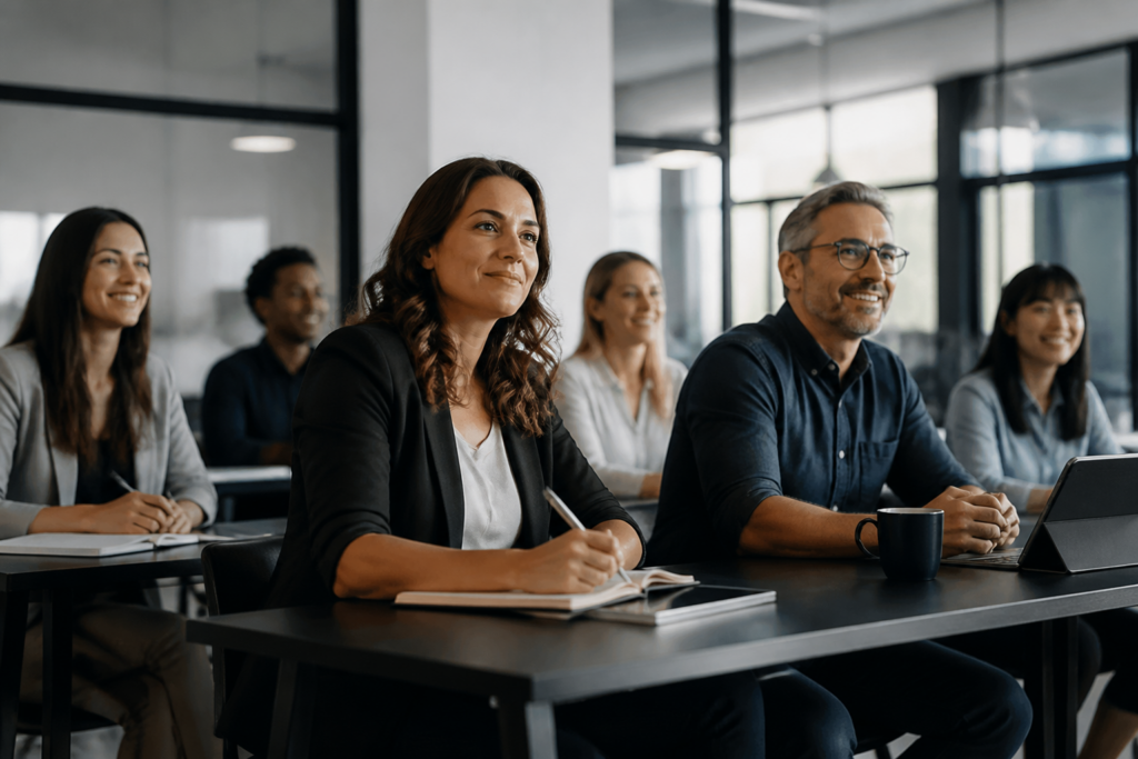 Groupe de personnes en formation professionnelle dans une salle de réunion moderne