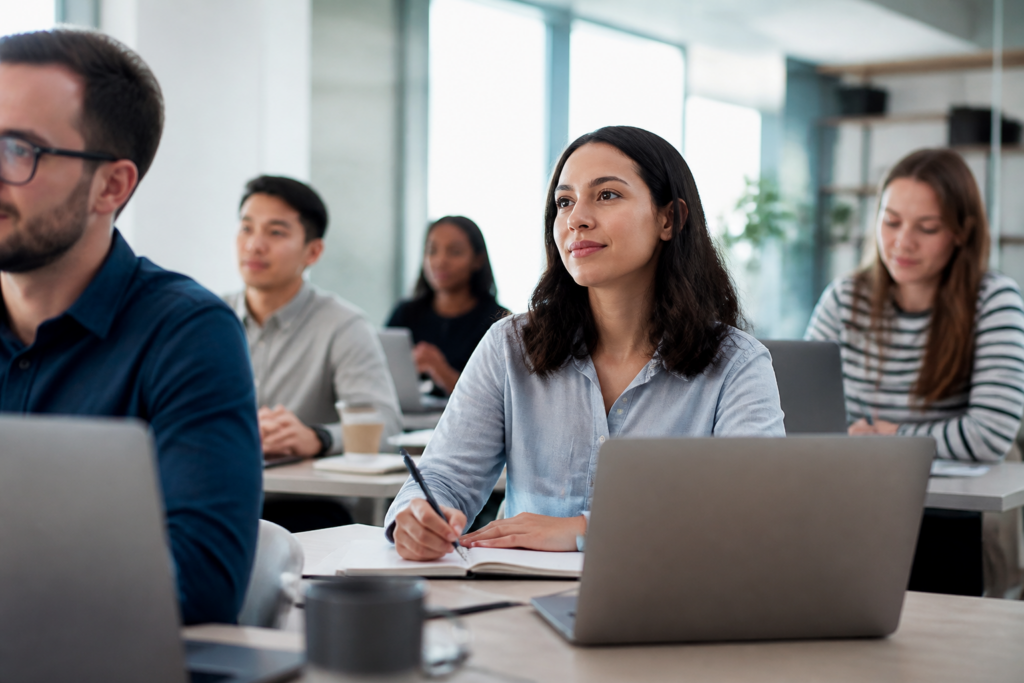 Personnes en formation professionnelle avec ordinateurs en salle moderne