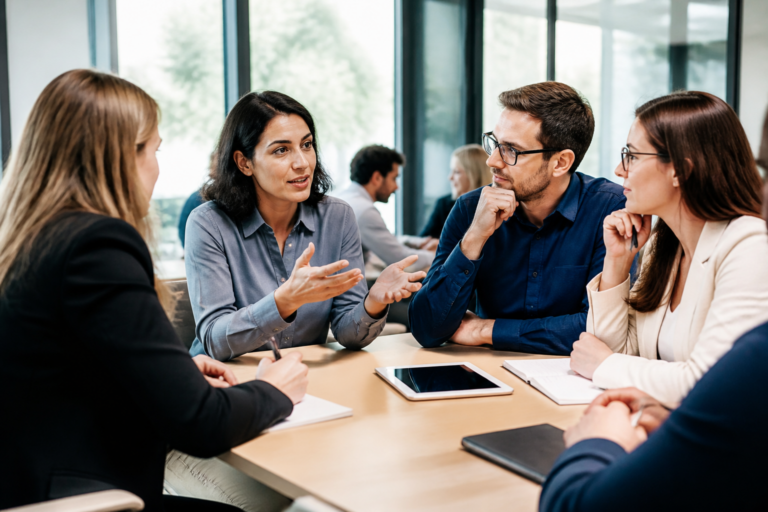 Personnes en formation lors d'une réunion professionnelle en bureau moderne