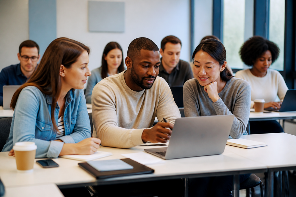 Professionnels en formation dans une salle moderne avec ordinateurs portables