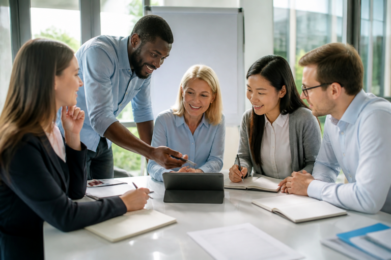 Personnes en formation collaborative dans un bureau moderne avec tablette et carnets