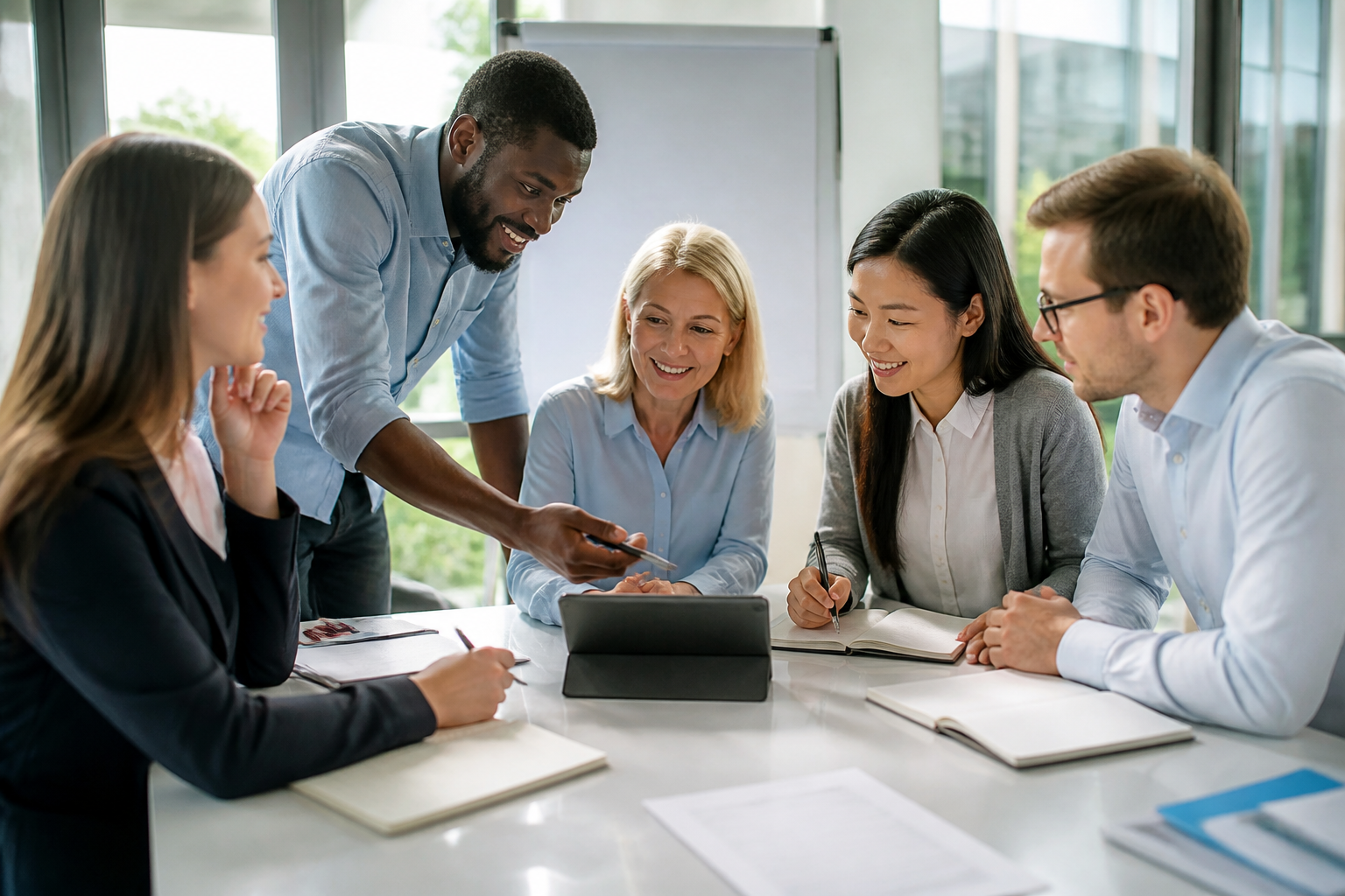 Personnes en formation collaborative dans un bureau moderne avec tablette et carnets