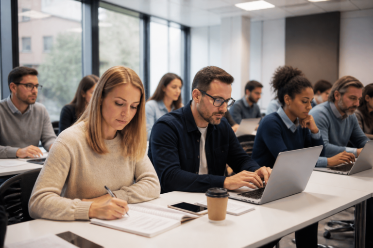 Professionnels en formation en salle de travail moderne