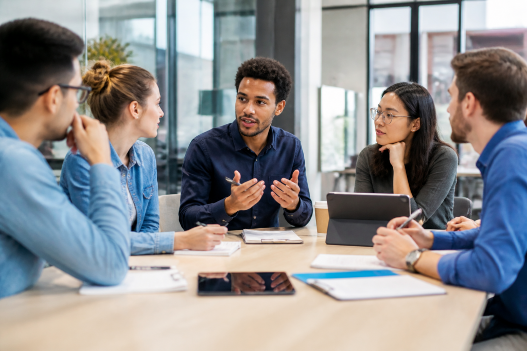 Réunion de travail en formation professionnelle avec échanges et prises de notes