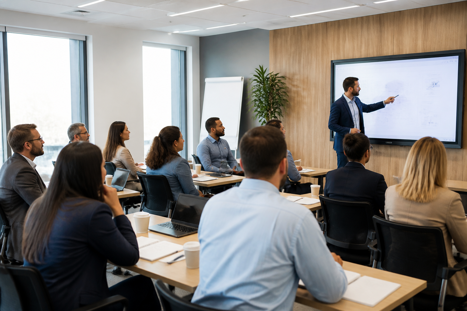 Participants à une formation de management d'équipe en entreprise, salle moderne