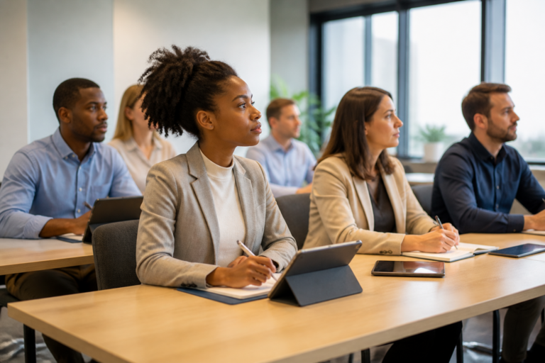 Groupe de personnes en formation dans un environnement professionnel moderne avec tablettes et carnets