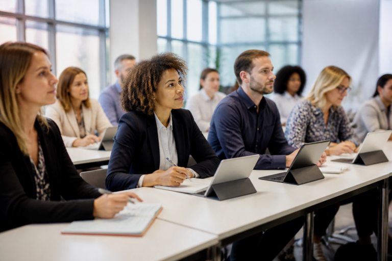 Professionnels suivant une formation en salle moderne avec supports numériques