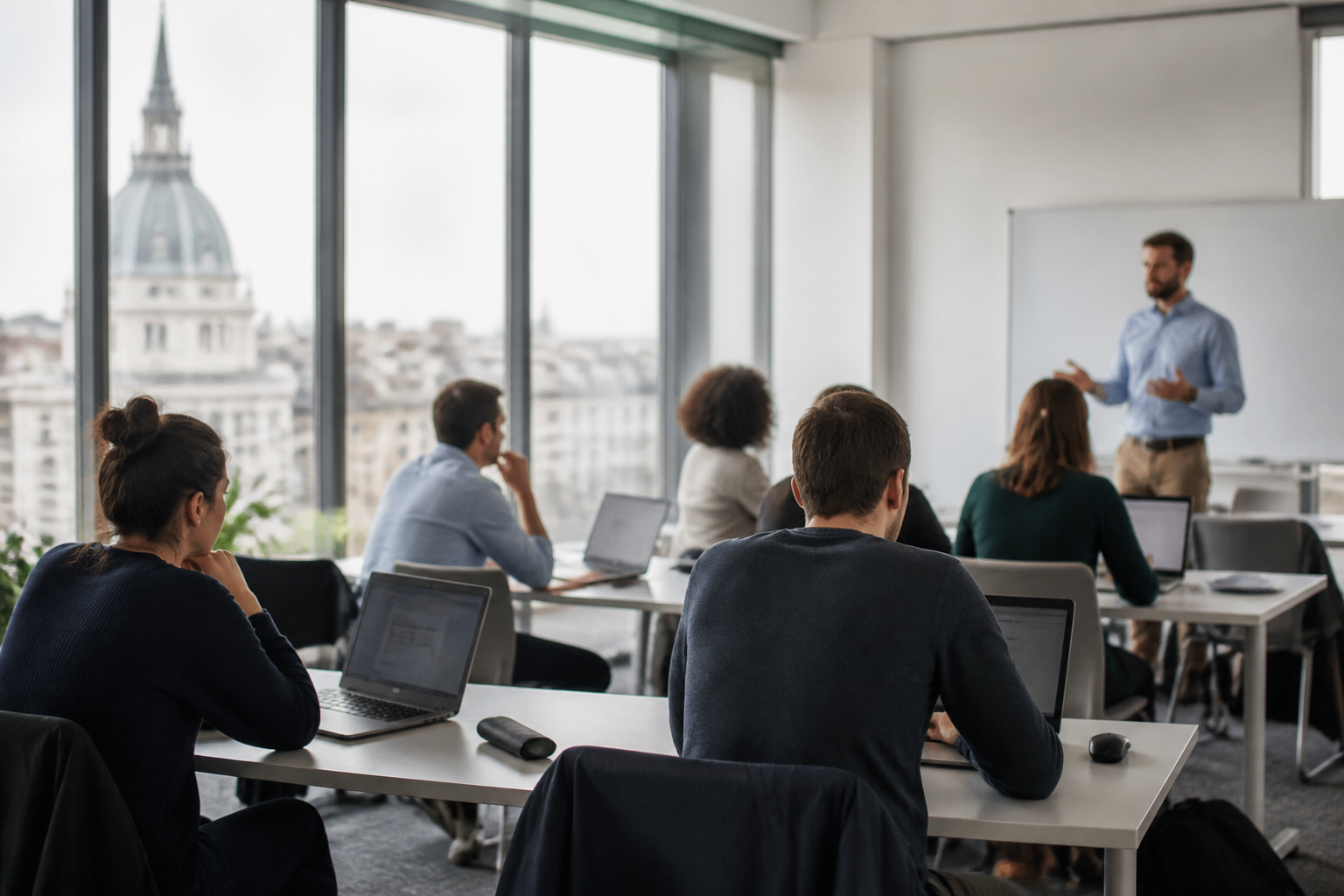 Personnes en formation professionnelle dans une salle moderne à Rennes