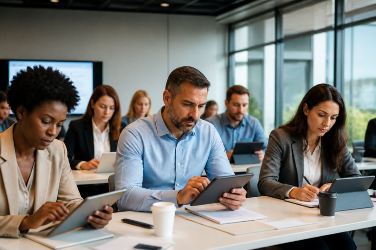 Professionnels en formation collaborative avec tablettes et carnets