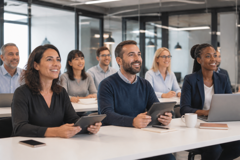 Personnes en formation digitale dans un bureau moderne avec carnets et tablettes