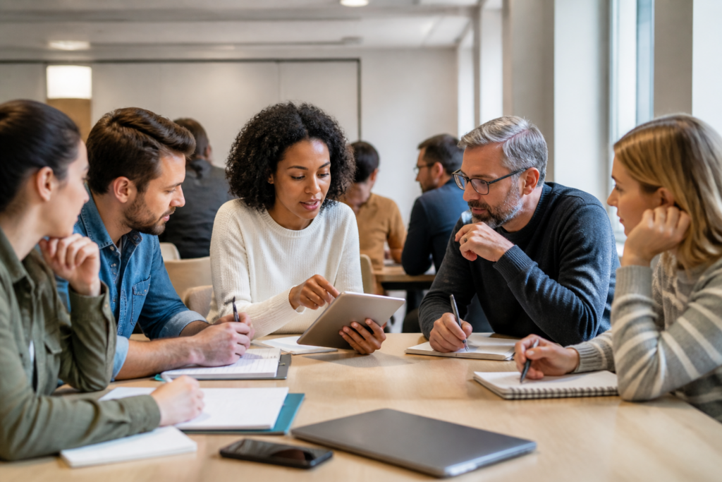 Participants à une formation professionnelle en groupe collaborant autour d'une table avec des outils numériques