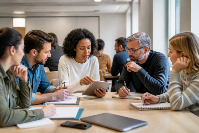 Participants à une formation professionnelle en groupe collaborant autour d'une table avec des outils numériques
