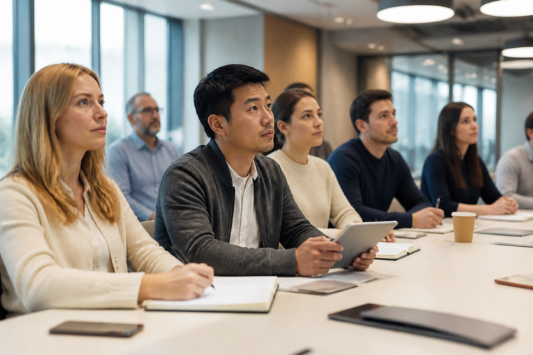 Groupe de professionnels en formation continue dans une salle de réunion