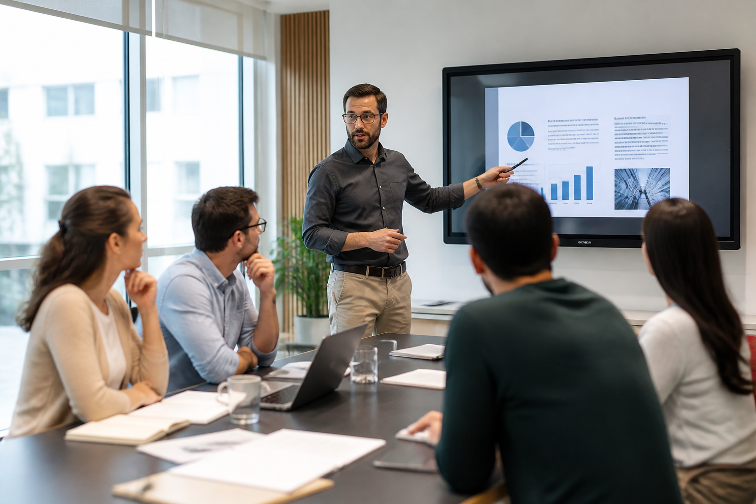 Participants à une formation professionnelle en session avec un formateur utilisant un tableau numérique