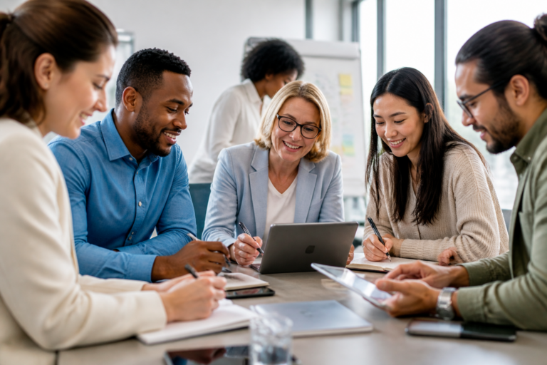 Participants en formation professionnelle collaborant autour d'une table avec carnet et tablette dans un bureau lumineux