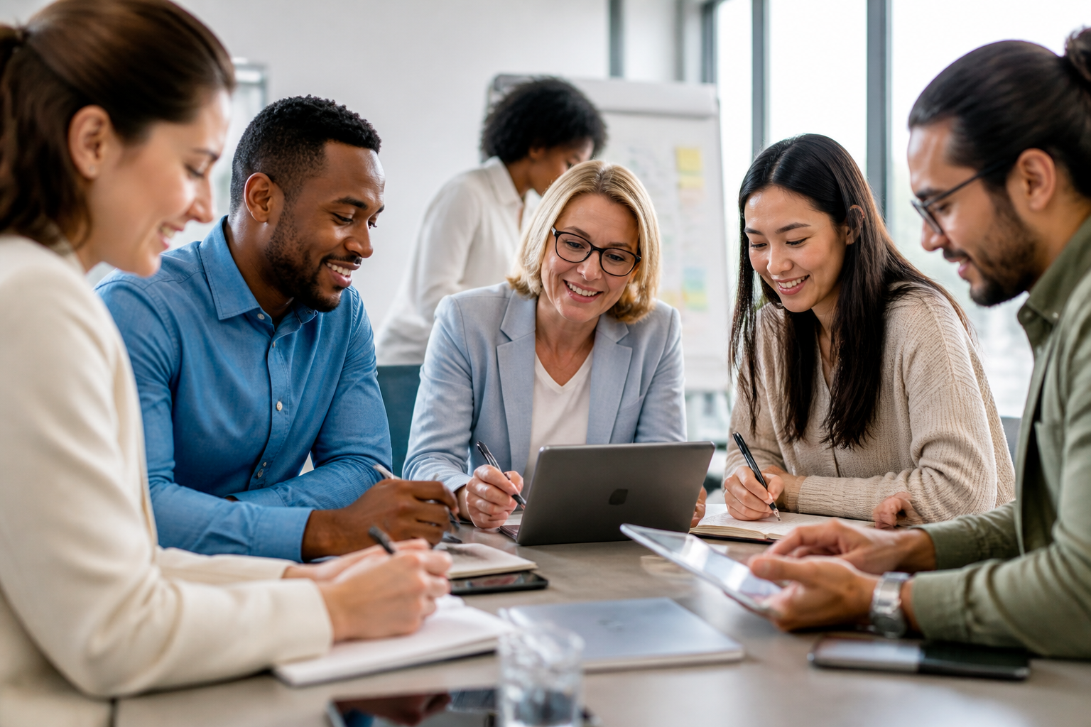 Participants en formation professionnelle collaborant autour d'une table avec carnet et tablette dans un bureau lumineux