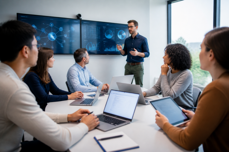 Professionnels en formation collaborative avec outils digitaux dans une salle moderne