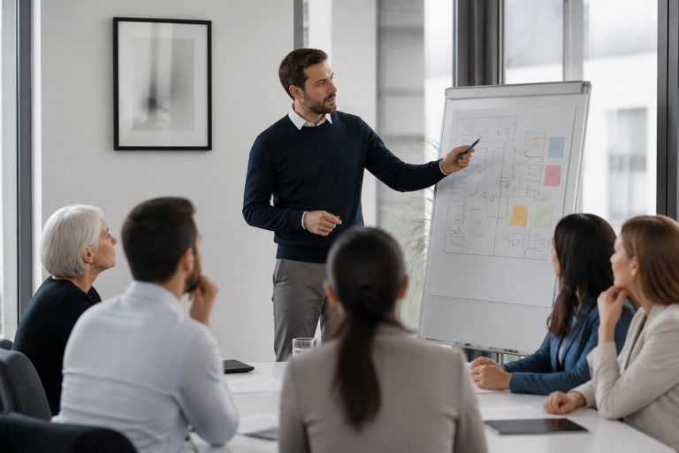 Session de formation professionnelle en présence d’un formateur et participants