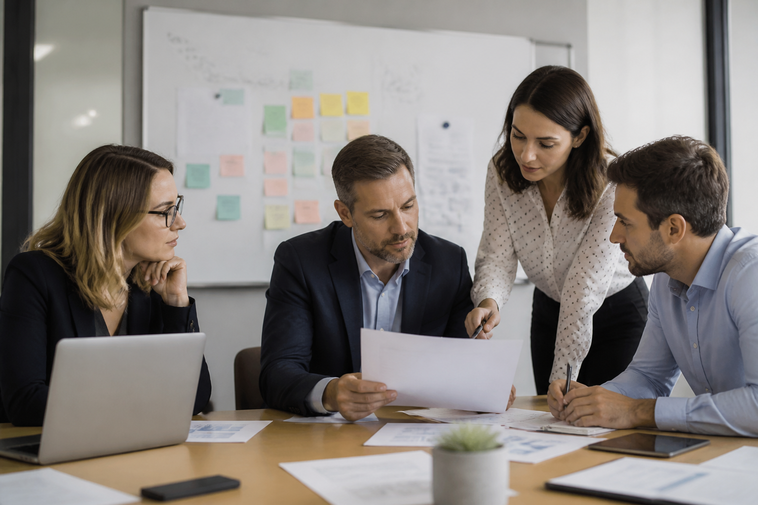 Manager et responsables RH réunis pour discuter d’un dossier de formation avec tableau blanc en arrière-plan