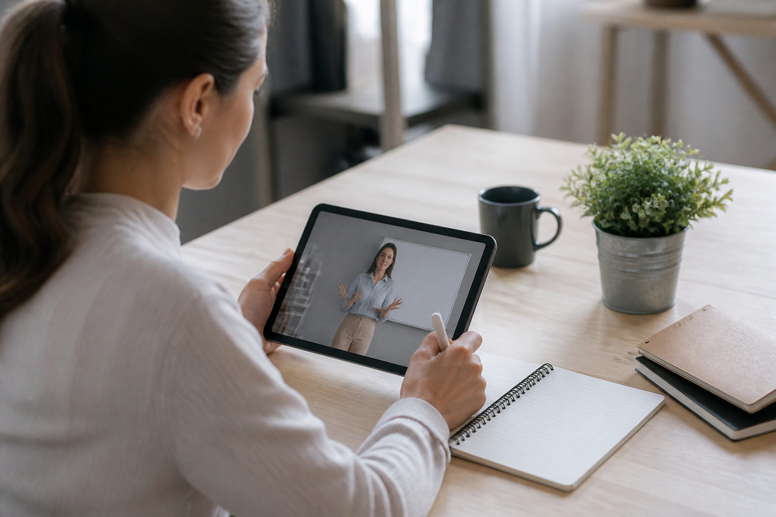 Femme active suivant une formation à distance sur tablette