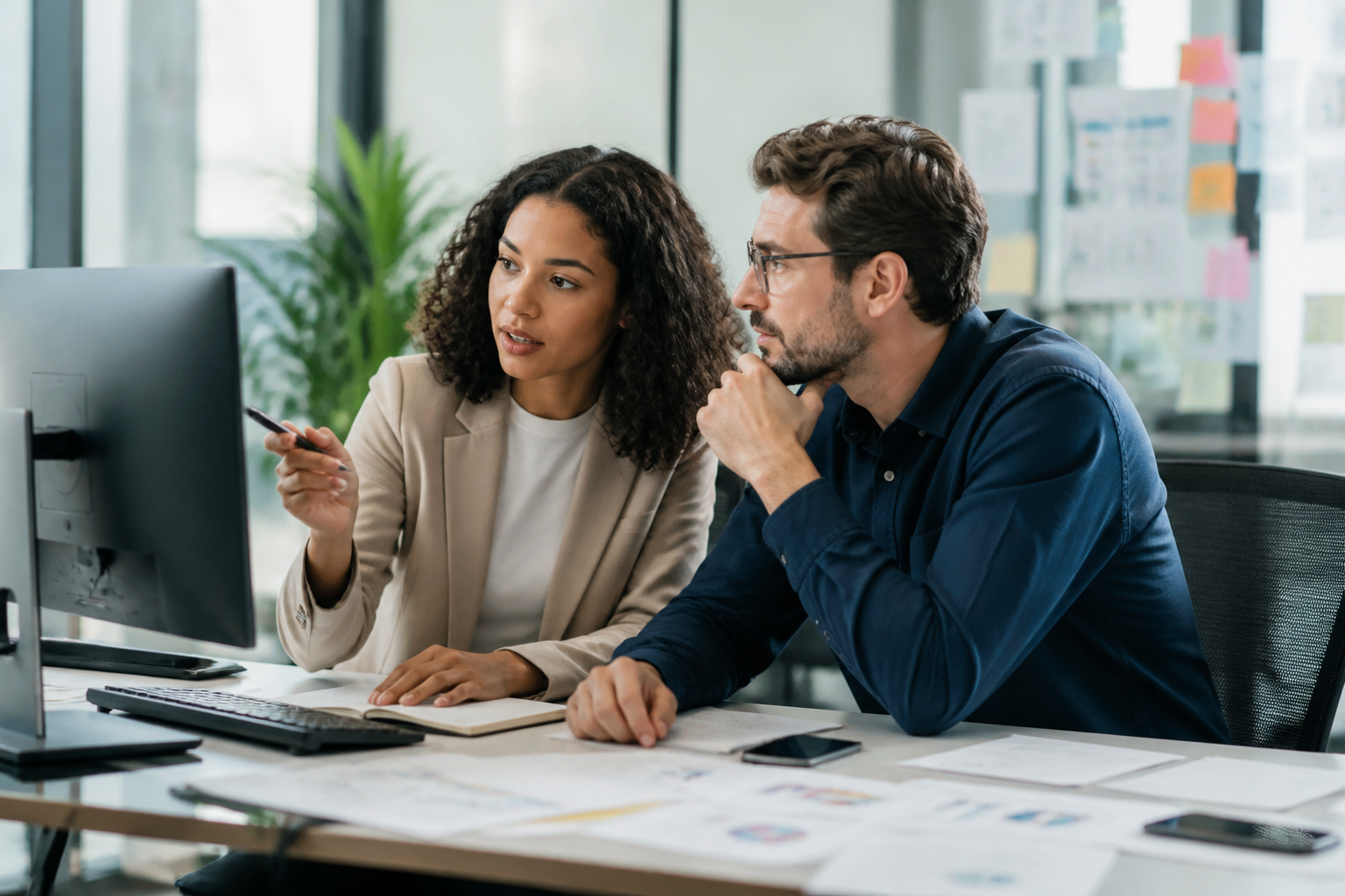 Manager et collaborateur échangent sur une formation professionnelle en environnement de bureau