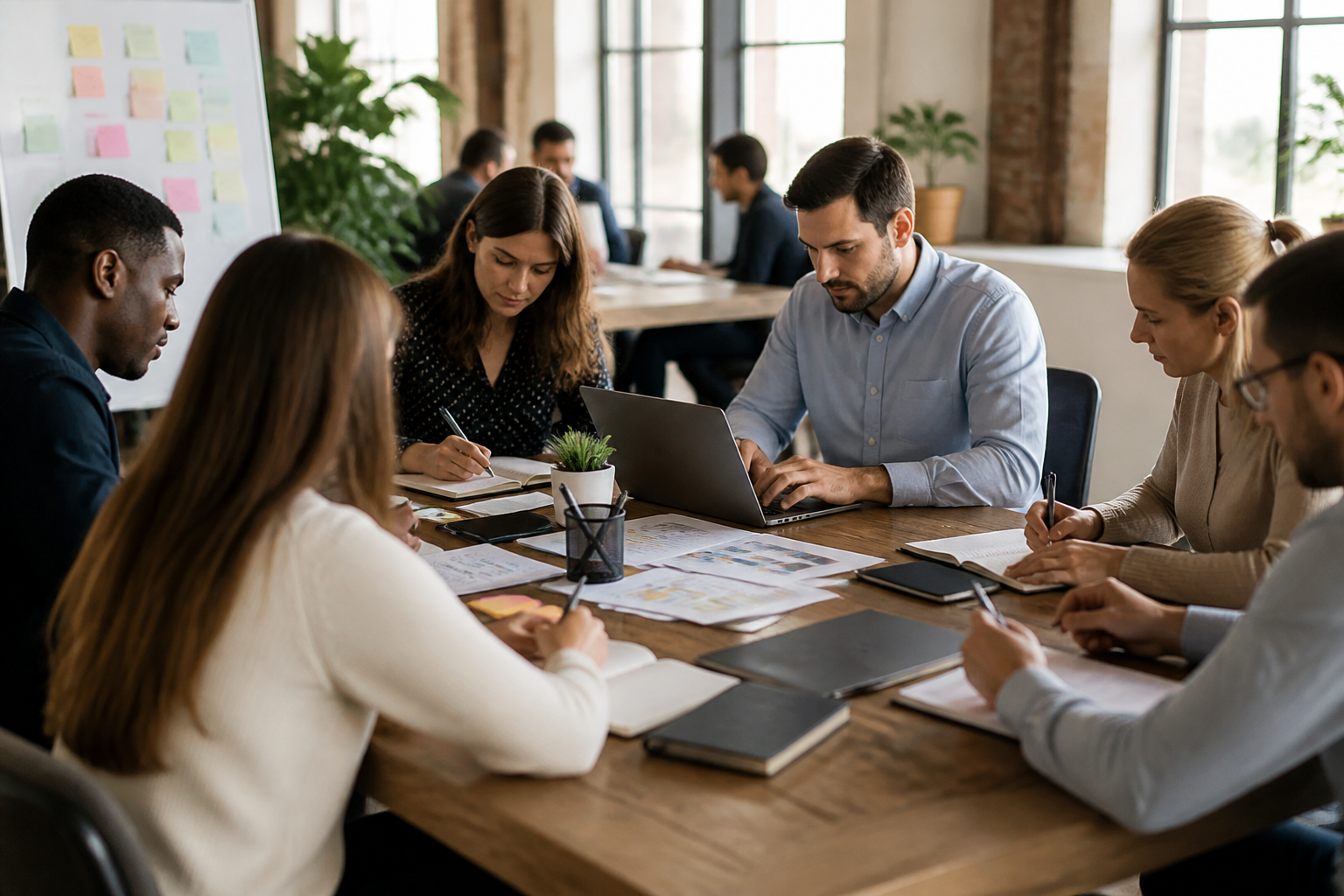Équipe en réunion travaillant sur la qualité de vie au travail avec carnets et ordinateur
