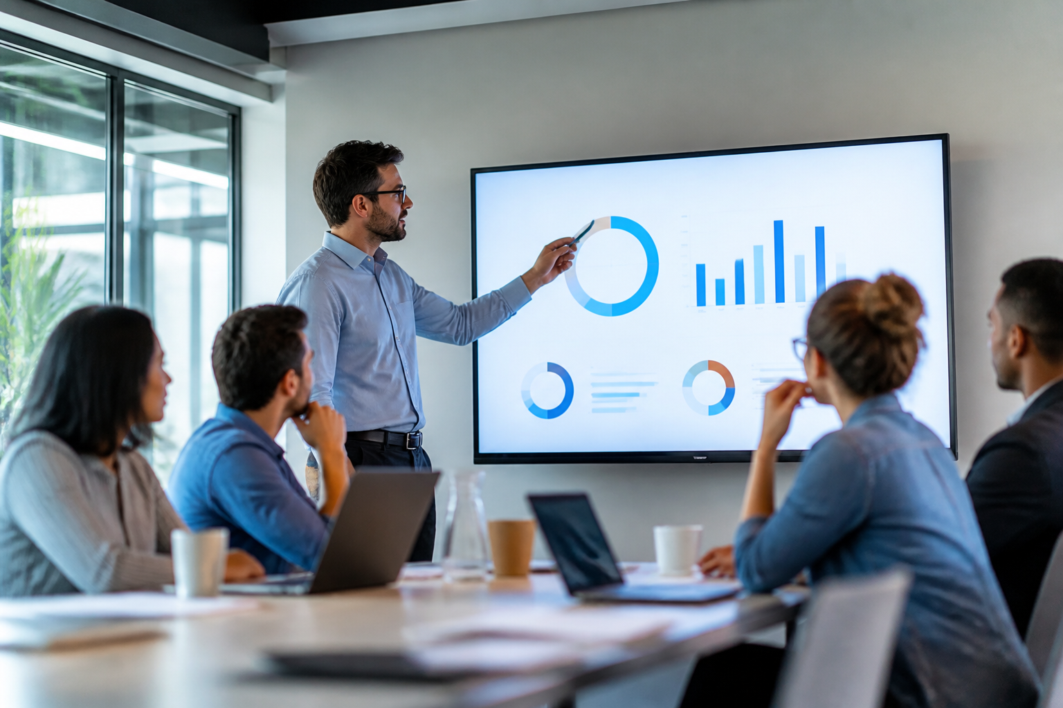 Manager français présentant des données digitales lors d'une réunion professionnelle