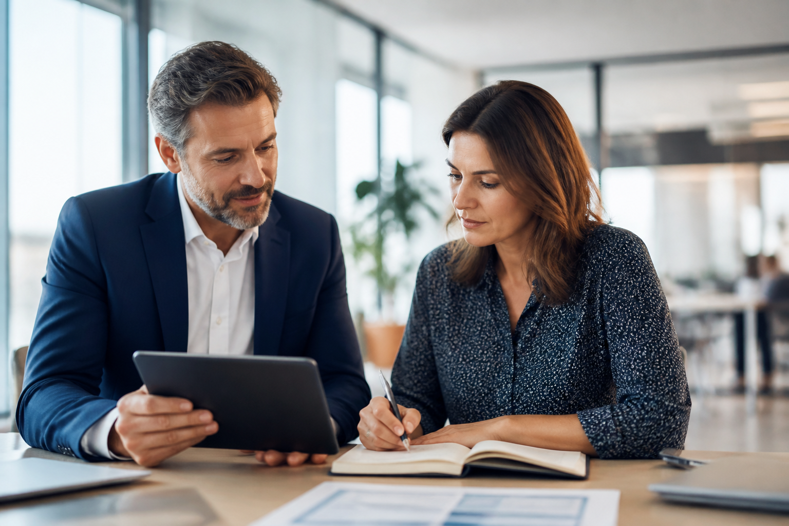 Manager préparant un projet de formation professionnelle avec des outils numériques