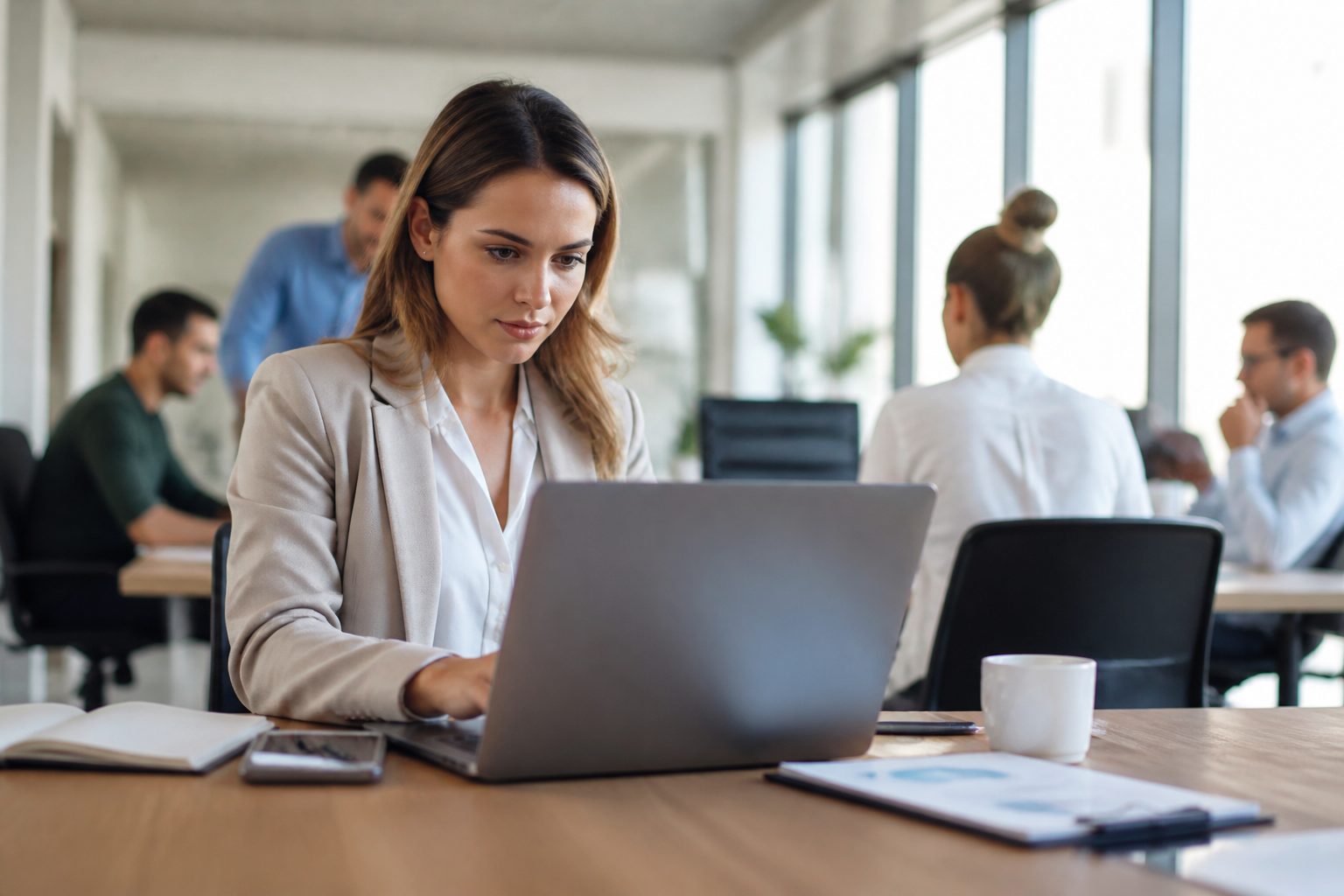 Personne en formation utilisant un ordinateur portable dans un bureau éclairé