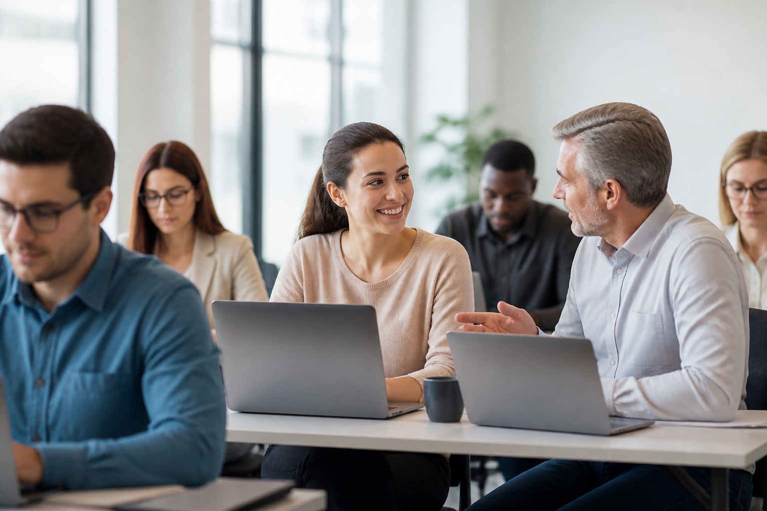 Formation professionnelle digitale avec participants concentrés devant leurs ordinateurs portables