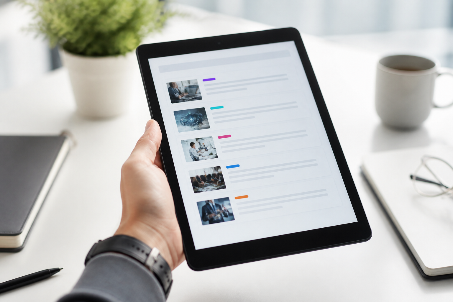 Tablette affichant une liste de certifications professionnelles RNCP, sur un bureau moderne