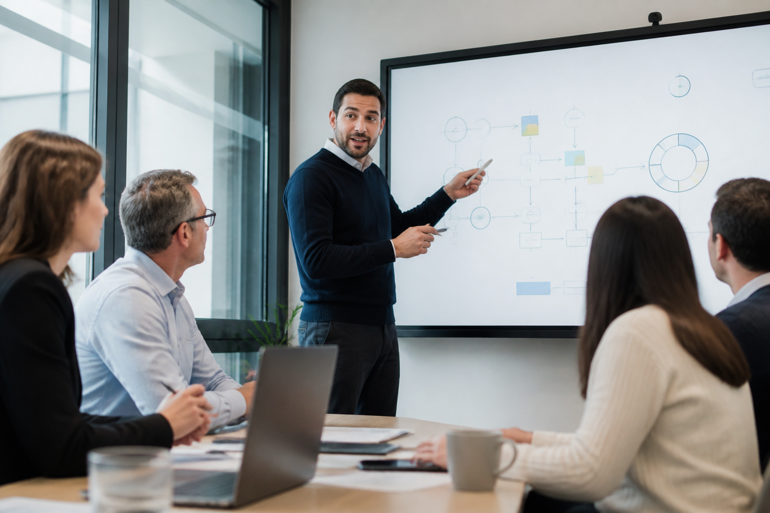Manager présentant un schéma lors d'une réunion sur la transformation digitale