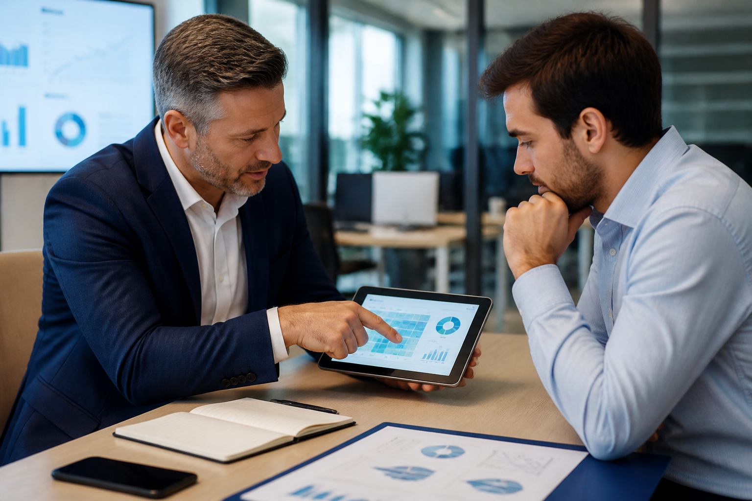 Manager utilisant une tablette pour présenter un tableau de compétences à un collaborateur