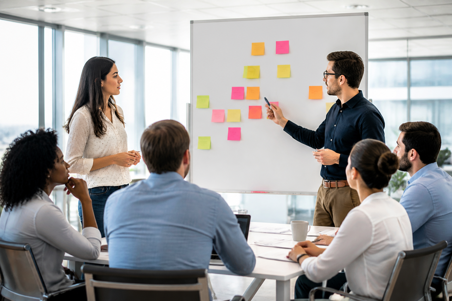 Réunion d'équipe pour préparer un projet de reconversion professionnelle