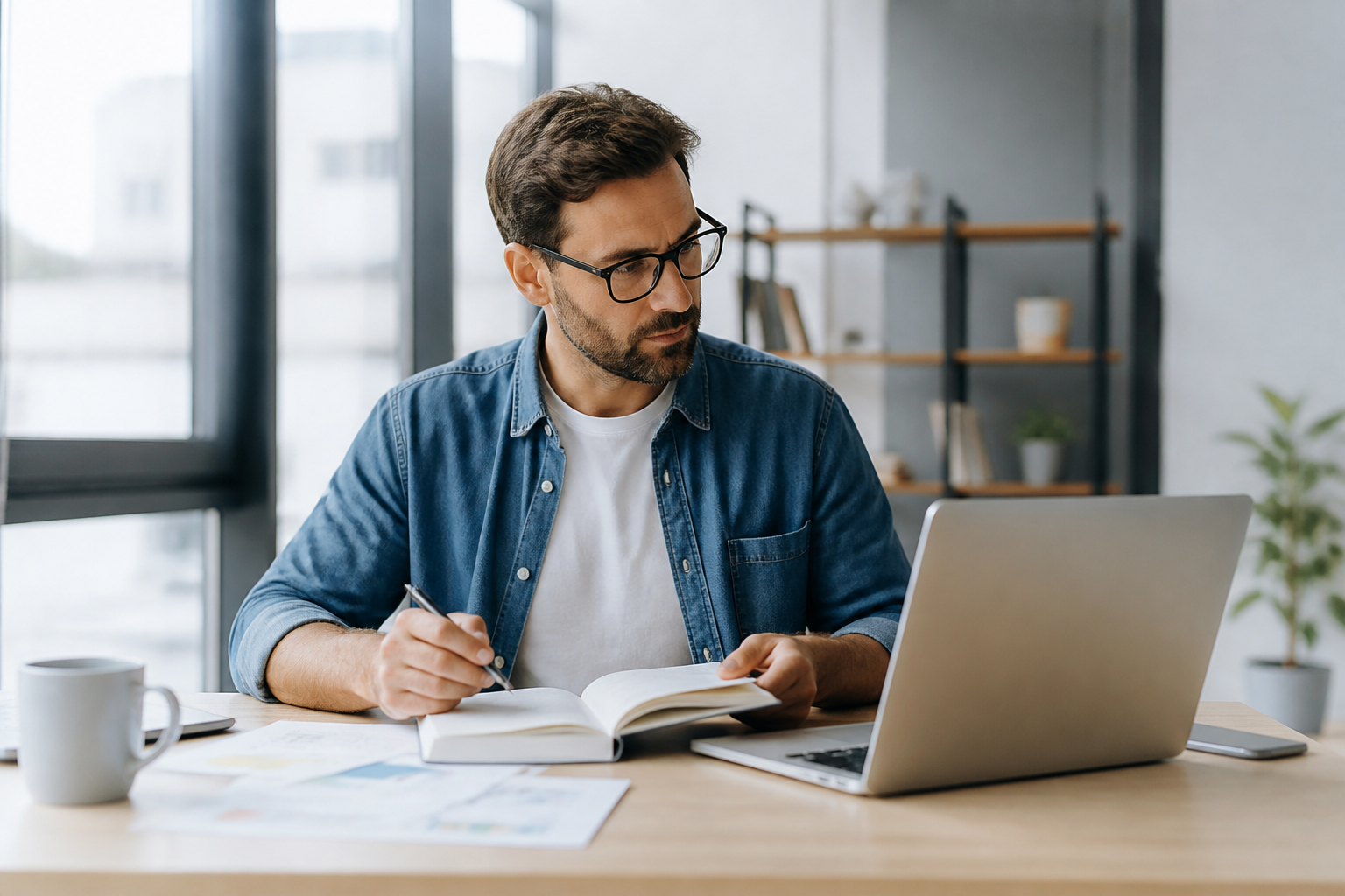 Salarié en bureau préparant son projet de reconversion professionnelle