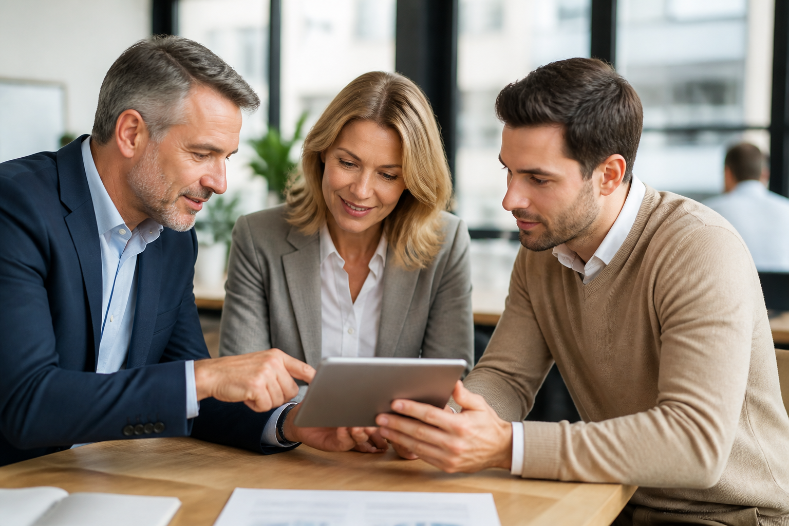 Manager senior utilisant une tablette pour préparer une reconversion professionnelle