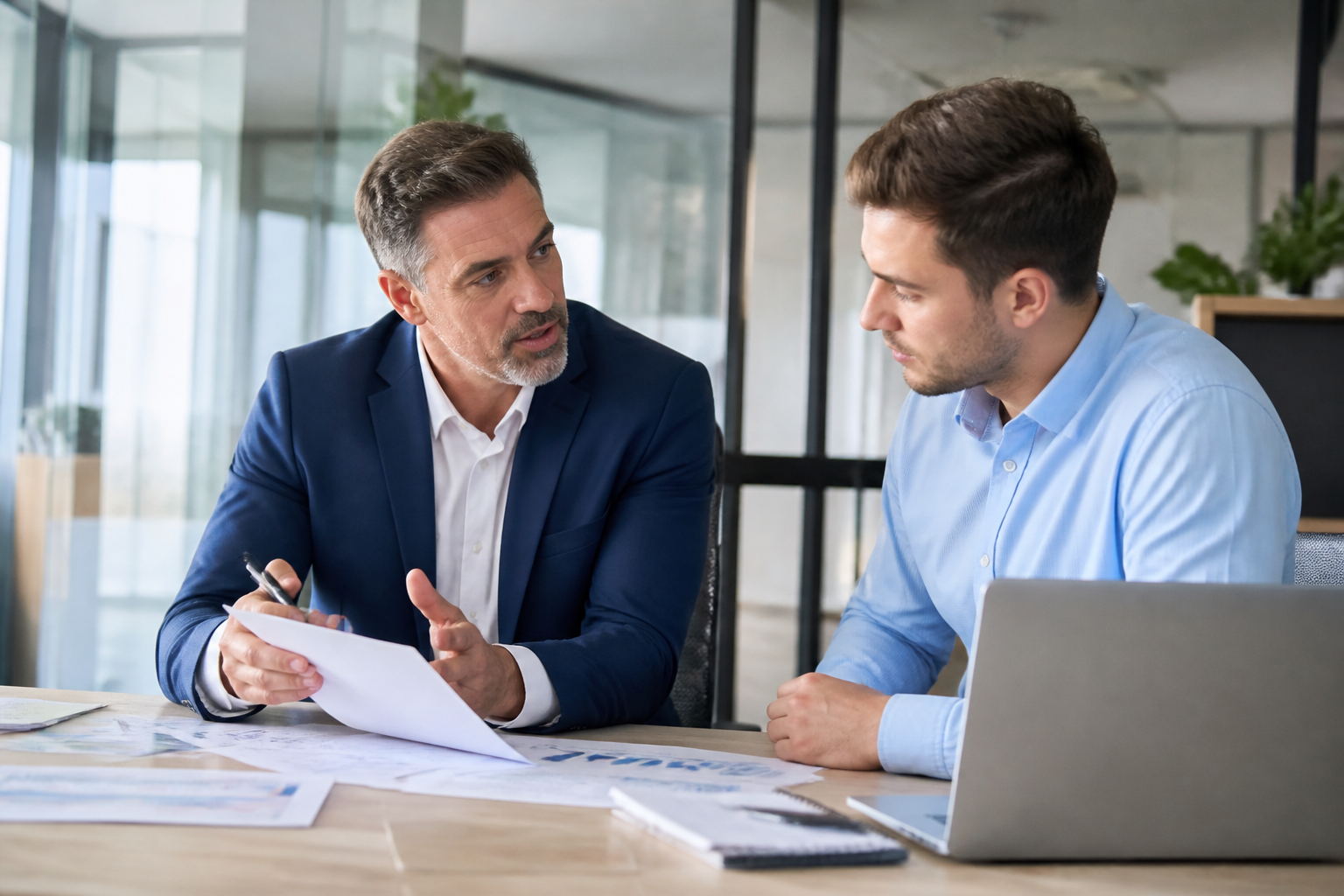 Manager et collaborateur en discussion sur projet professionnel au bureau