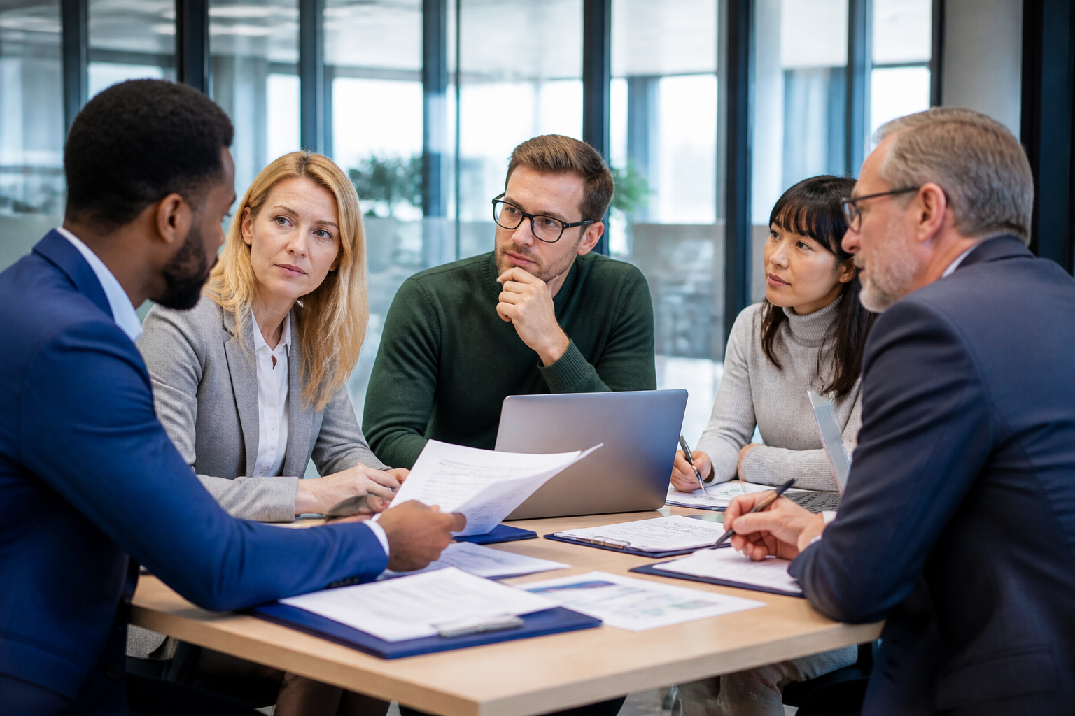 Réunion de travail sur le financement de formation avec dossiers et ordinateurs portables