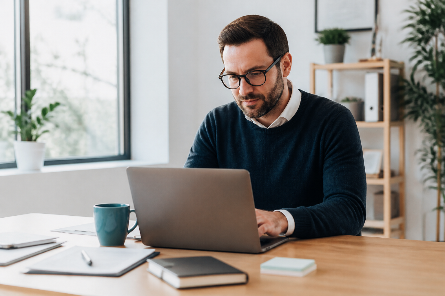 Manager indépendant rédigeant une lettre de motivation pour reconversion professionnelle