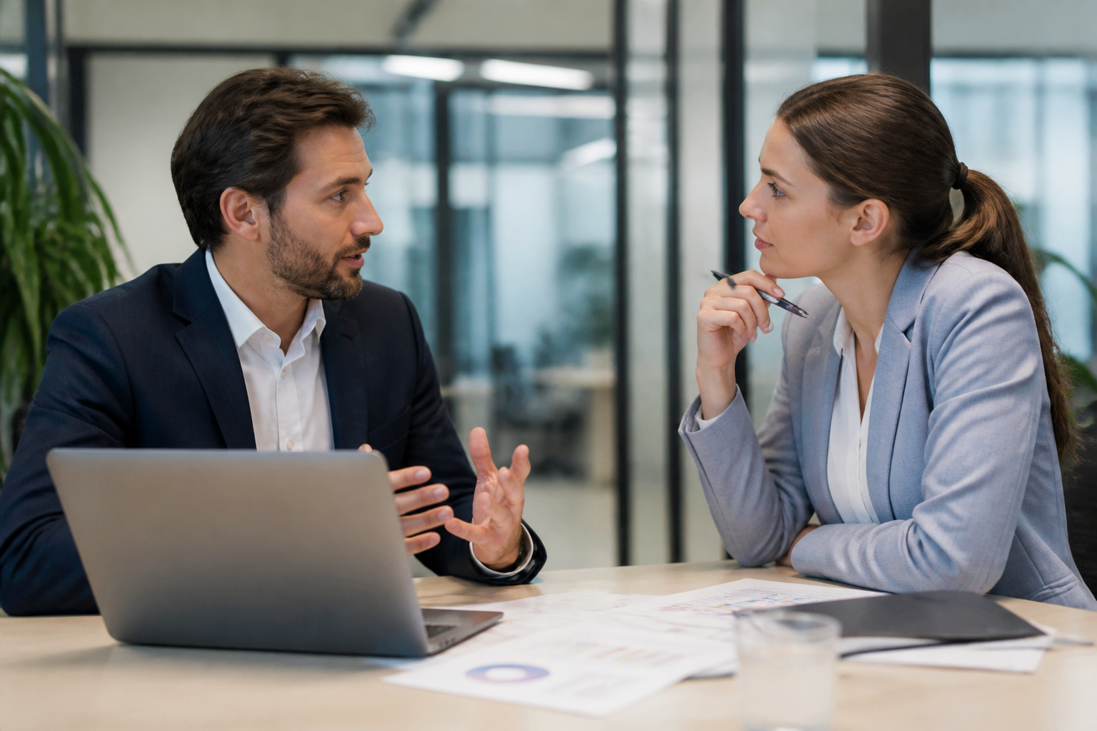 Manager échangeant avec une consultante en formation dans un bureau moderne