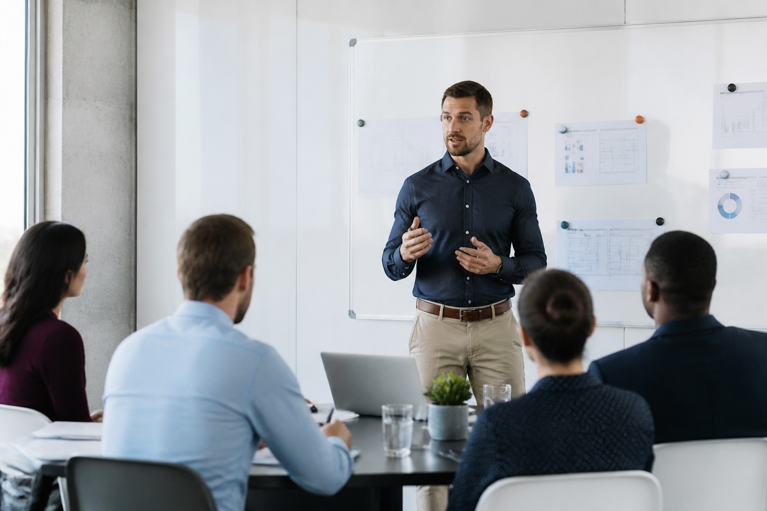 Manager présentant un programme de formation à un groupe de collaborateurs dans une salle de réunion