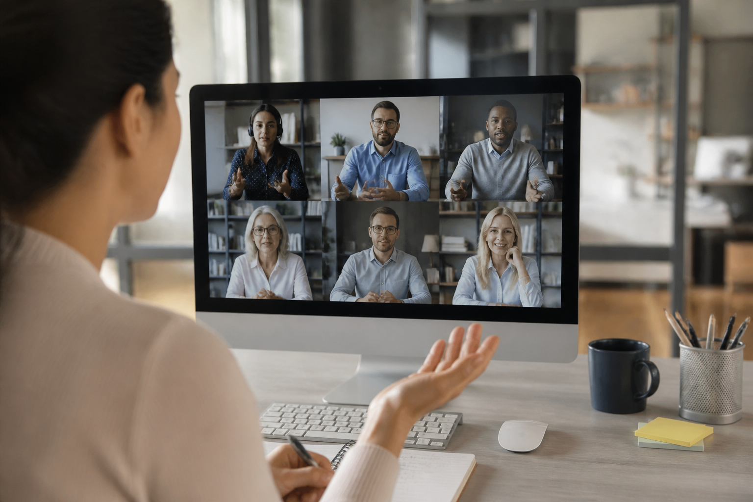 Réunion virtuelle de management à distance avec équipe en visioconférence