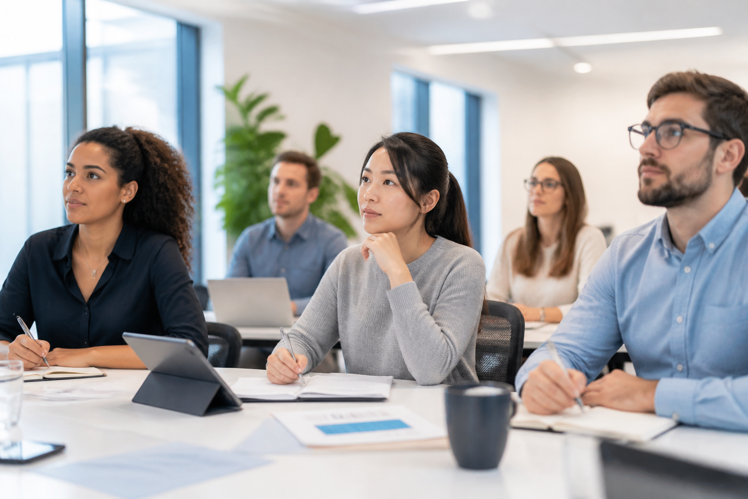 Session de formation professionnelle en groupe avec supports digitaux