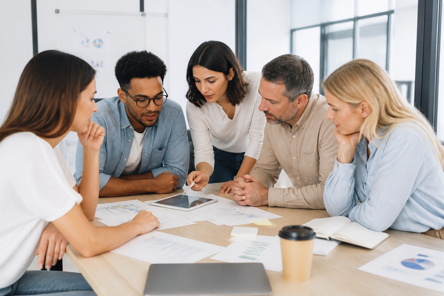 Réunion de travail en équipe dans un bureau lumineux avec documents et tablette