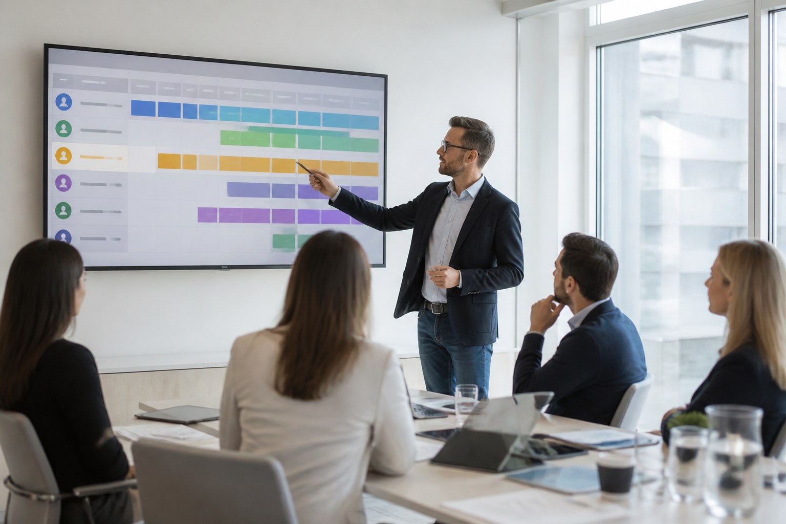 Manager expliquant un tableau de compétences lors d'une réunion en entreprise