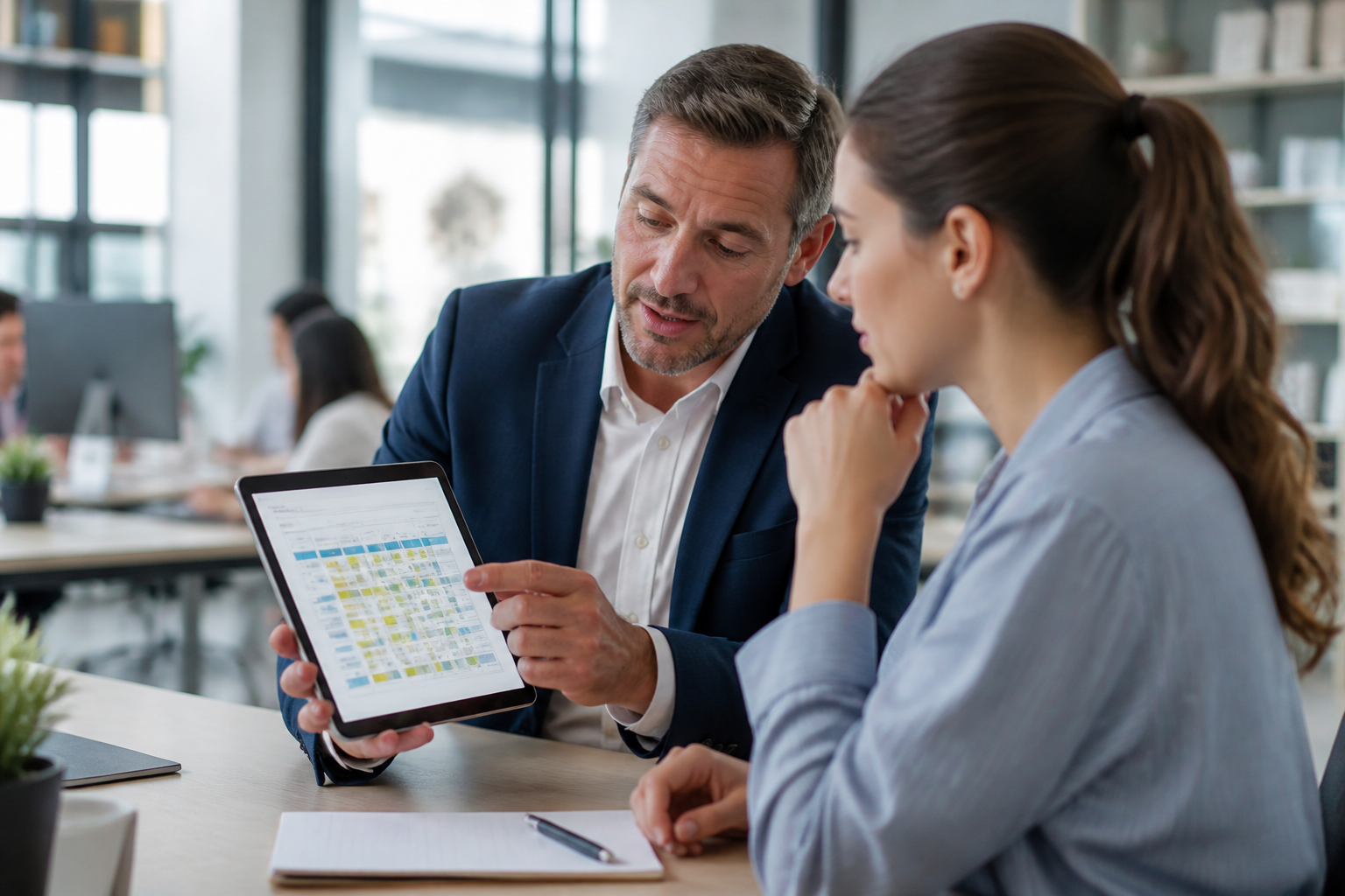Manager présentant un tableau de compétences sur tablette lors d’une formation