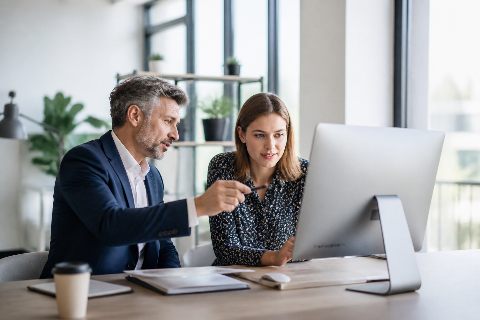 Manager discutant avec un salarié sur un projet de formation CPF dans un bureau moderne