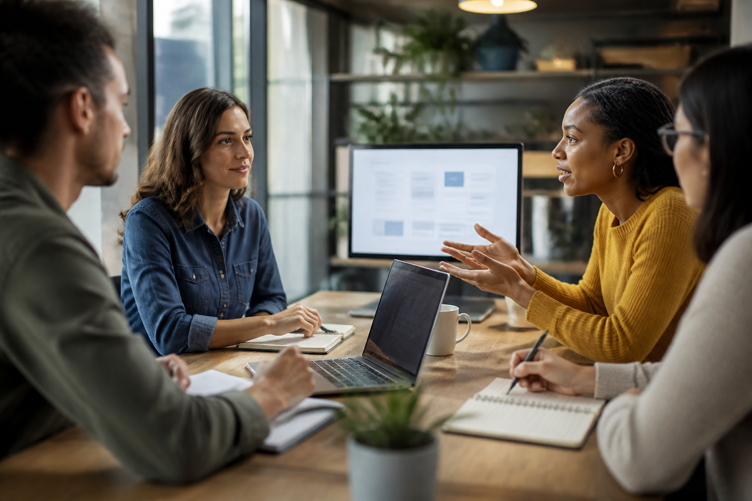Réunion de travail collaborative sur un projet de reconversion professionnelle numérique avec carnet et ordinateur