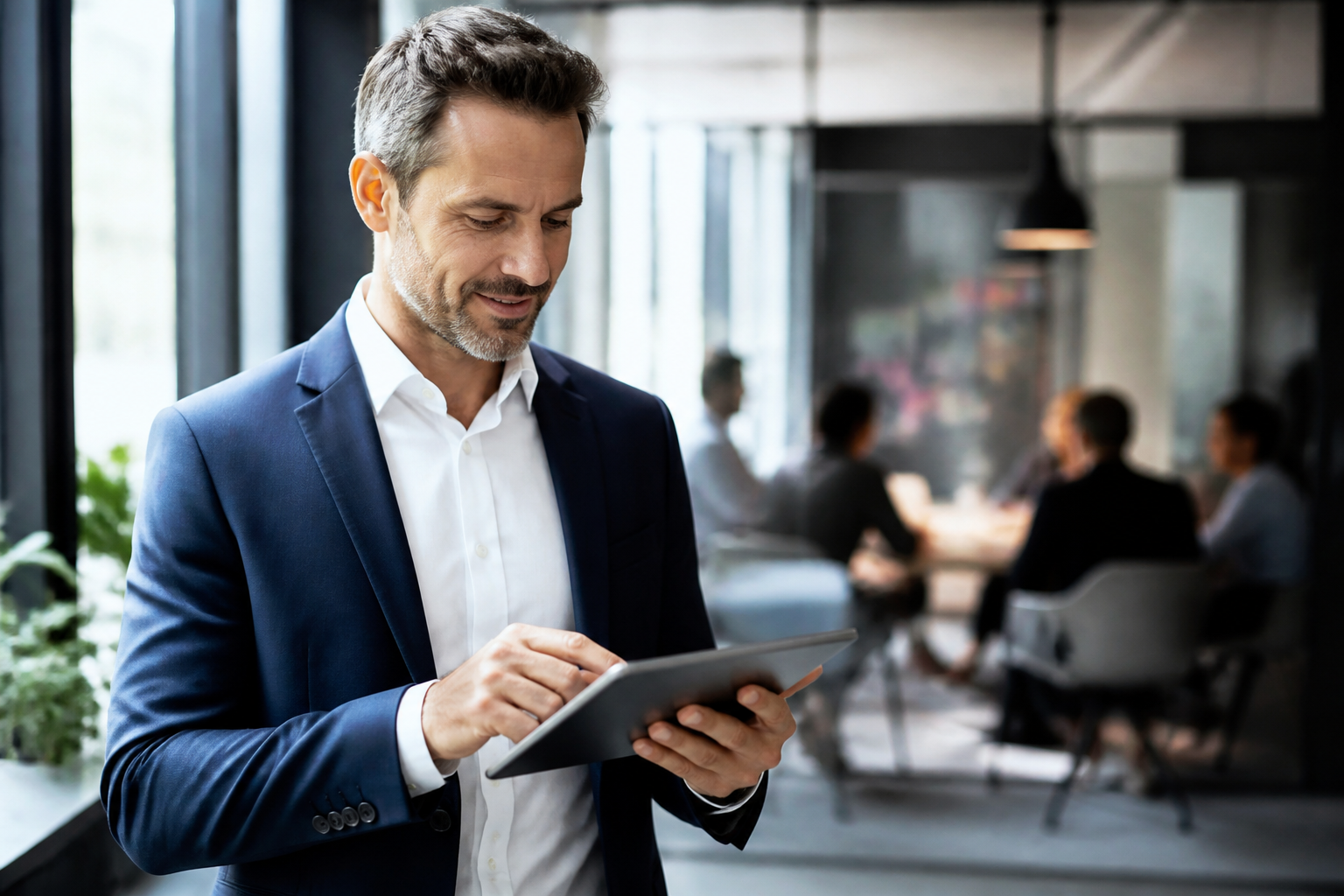 Manager consultant un contenu de formation sur tablette dans un bureau