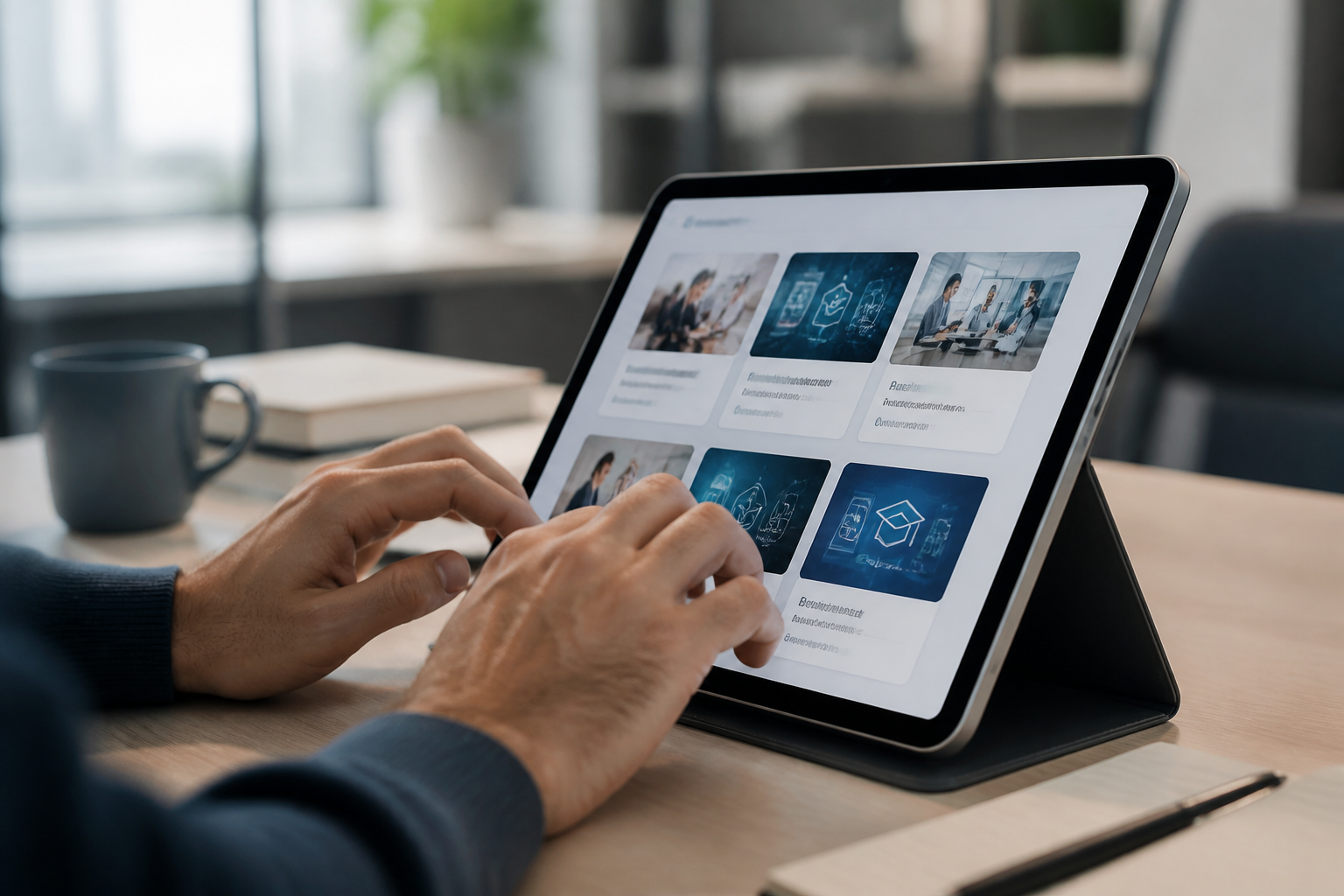 Connexion à une plateforme de formation CPF sur une tablette dans un environnement de travail moderne